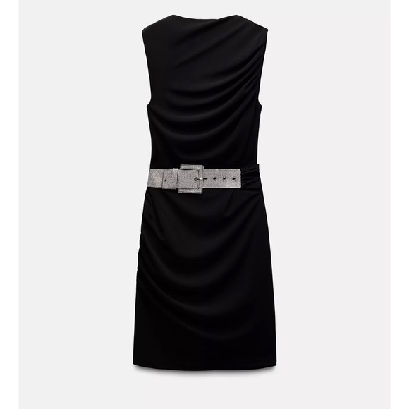 ZARA Black Ruched Cocktail Dress Rhinestone Belt Glam Party Dress - Picture 5 of 14